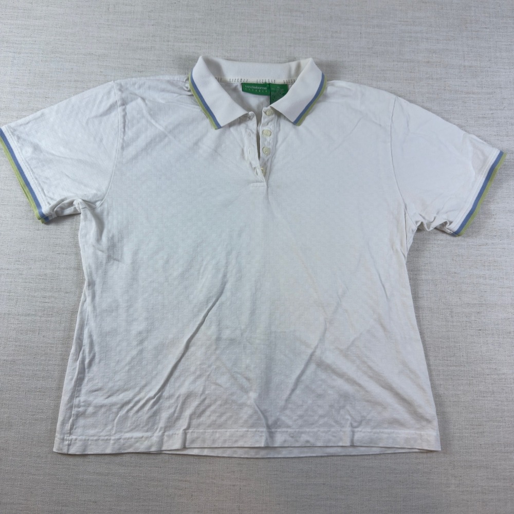 Liz Claiborne Liz Golf White Cotton Polo Shirt XL Short Sleeve Blue Green Trim